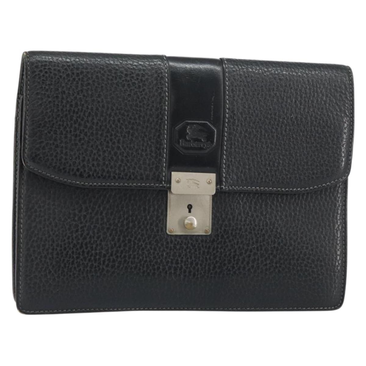 Burberrys Clutch Bag Leather Black Auth Ka790